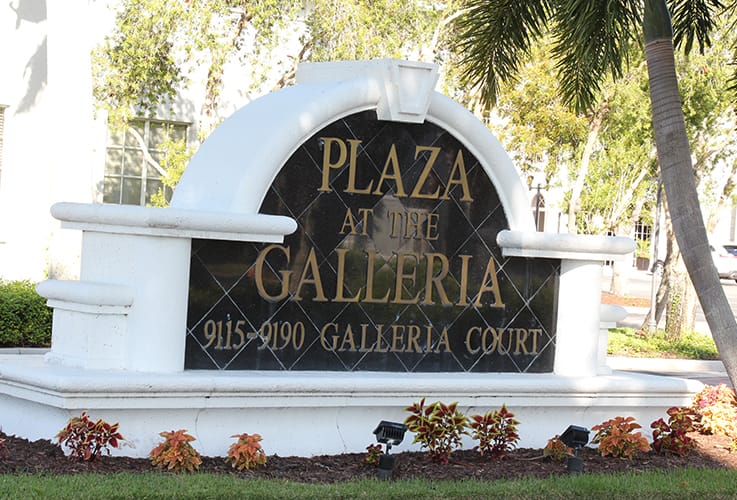 Plaza at the Galeria office park sign outside of dental office